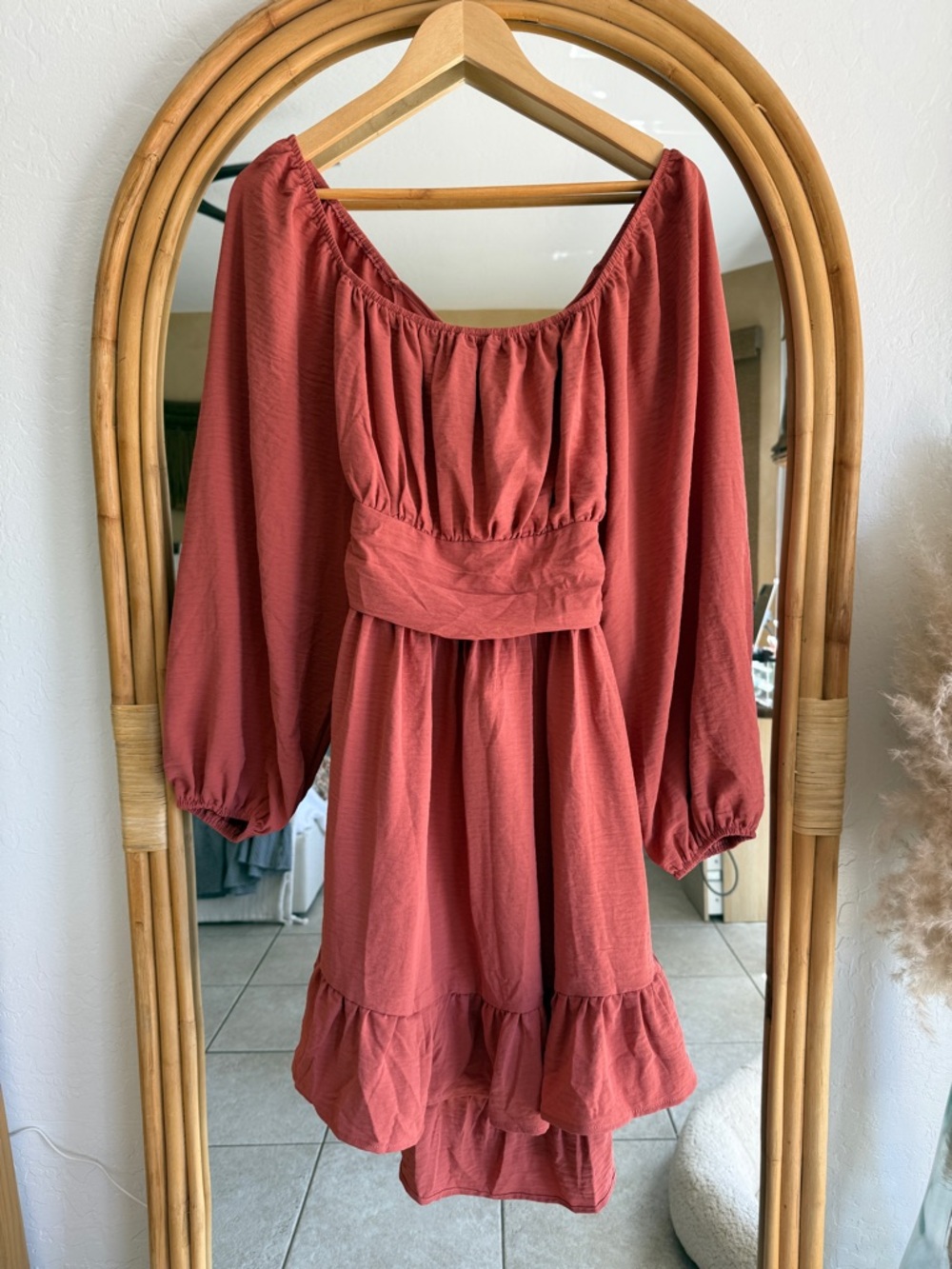 Rust Red Off-Shoulder Ruffle Hem Dress